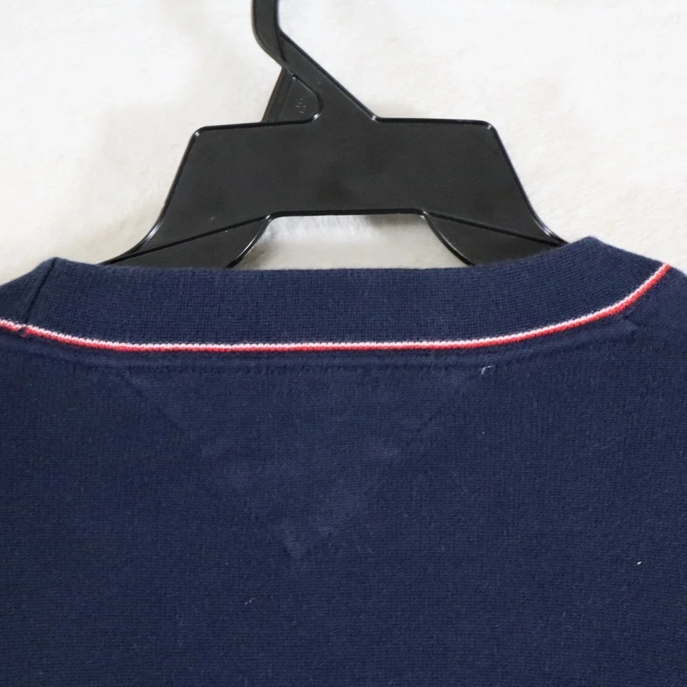 Tommy Hilfiger Men's L Navy Cardigan Sweater V‑Neck Button Front Red Trim Logo